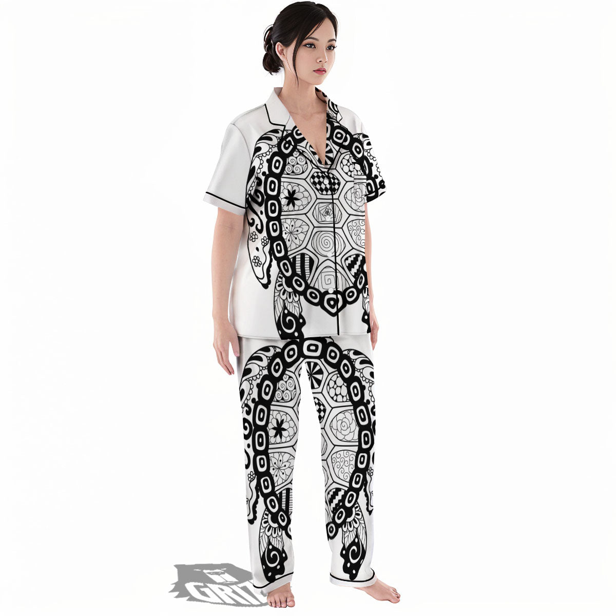 Maori Sea Turtle White And Black Print Women's Pajamas Set-grizzshop