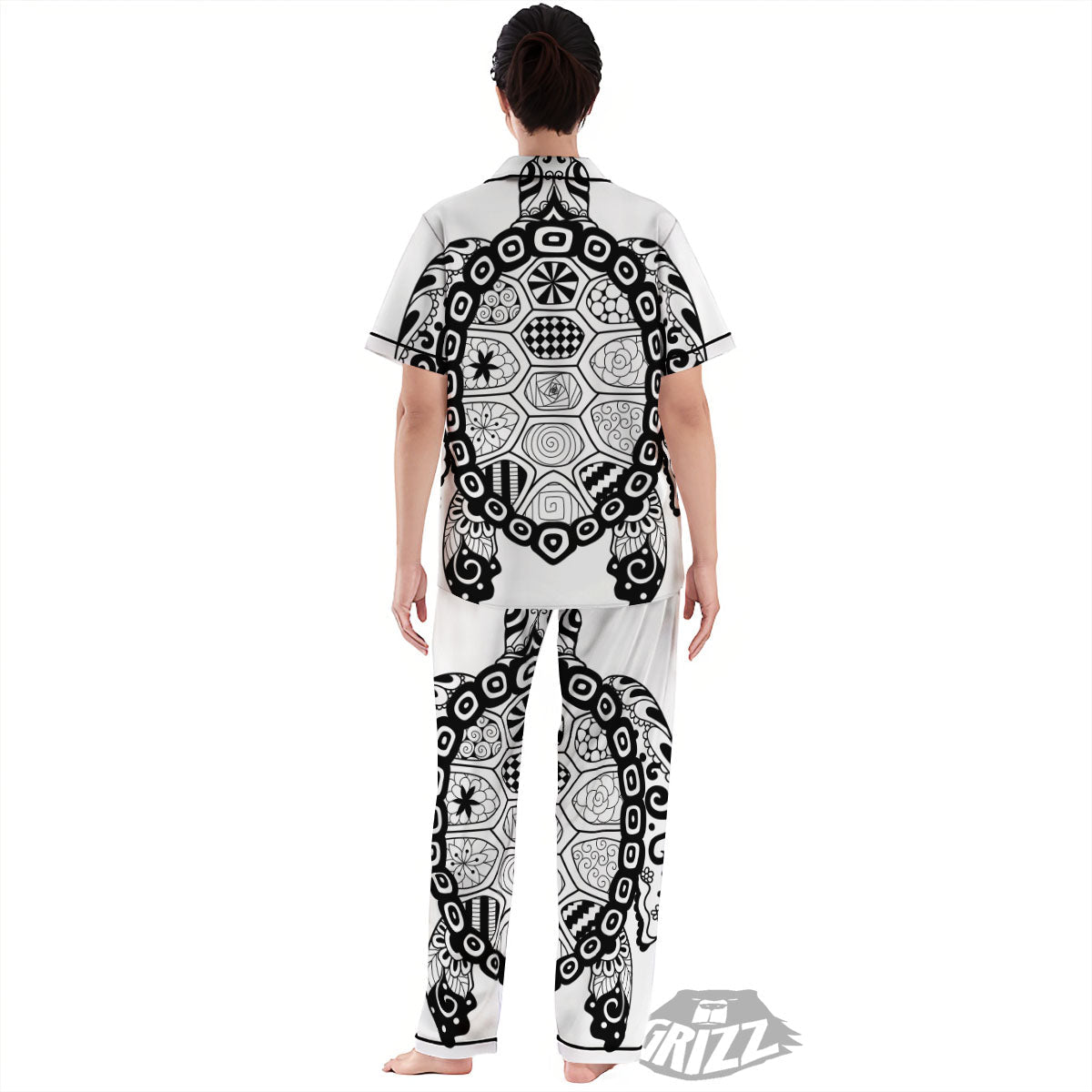Maori Sea Turtle White And Black Print Women's Pajamas Set-grizzshop