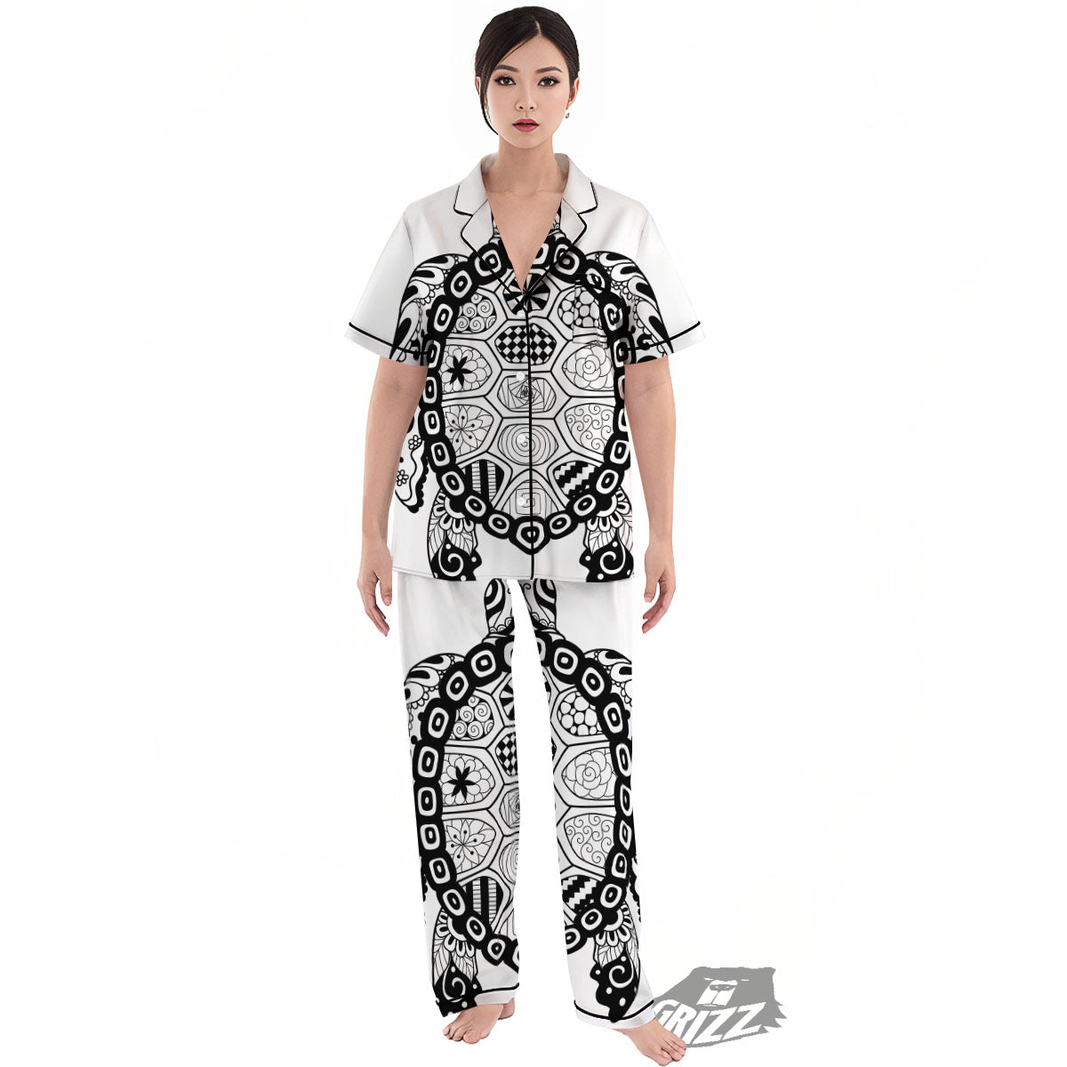 Maori Sea Turtle White And Black Print Women's Pajamas Set-grizzshop