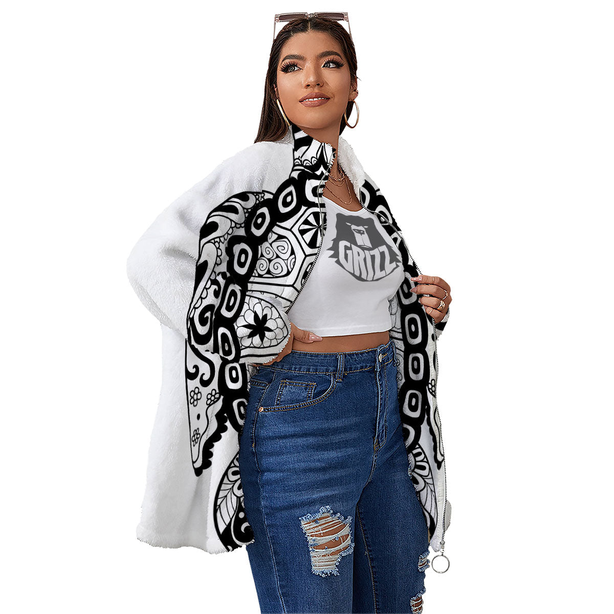 Maori Sea Turtle White And Black Print Women's Sherpa Jacket-grizzshop