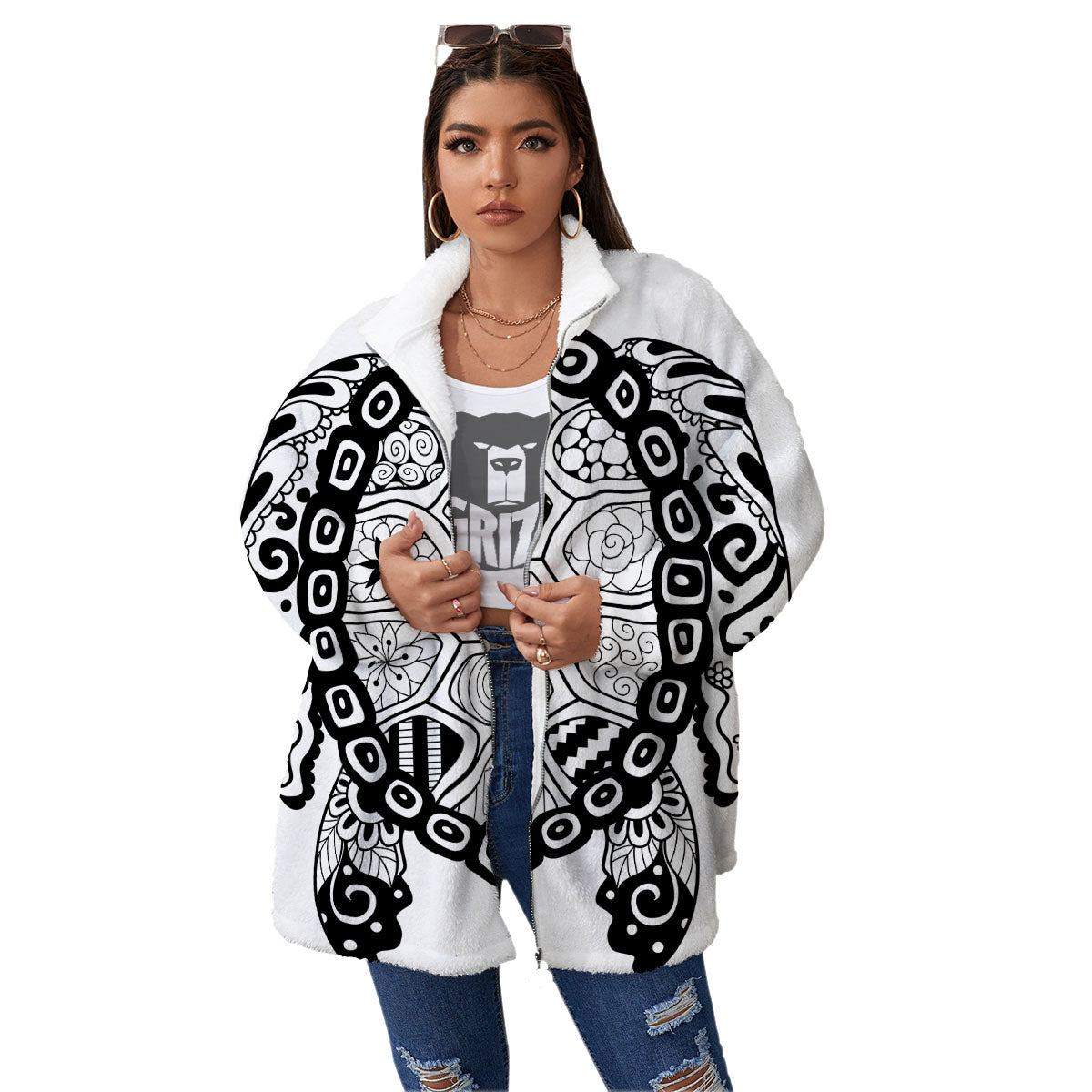 Maori Sea Turtle White And Black Print Women's Sherpa Jacket-grizzshop