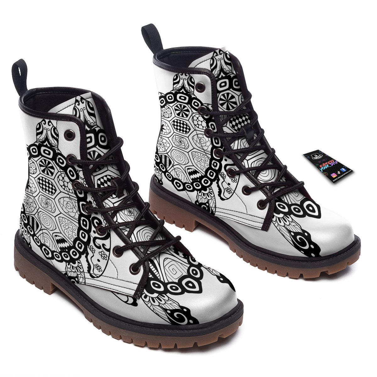 Maori Sea Turtle White And Black Print Work Boots-grizzshop