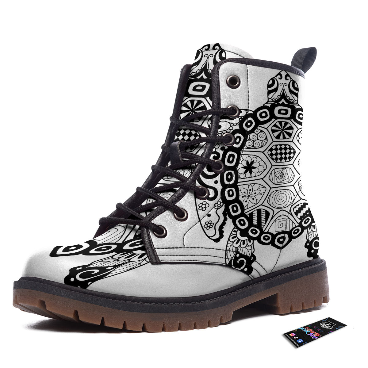 Maori Sea Turtle White And Black Print Work Boots-grizzshop