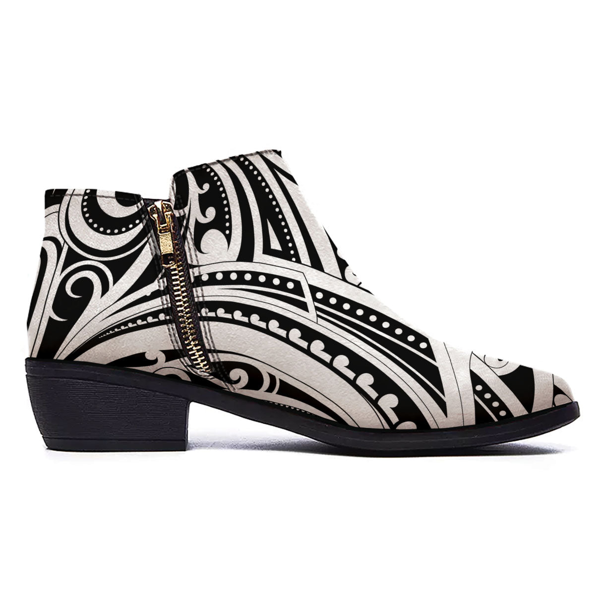 Maori Tattoo White And Black Print Ankle Boots-grizzshop