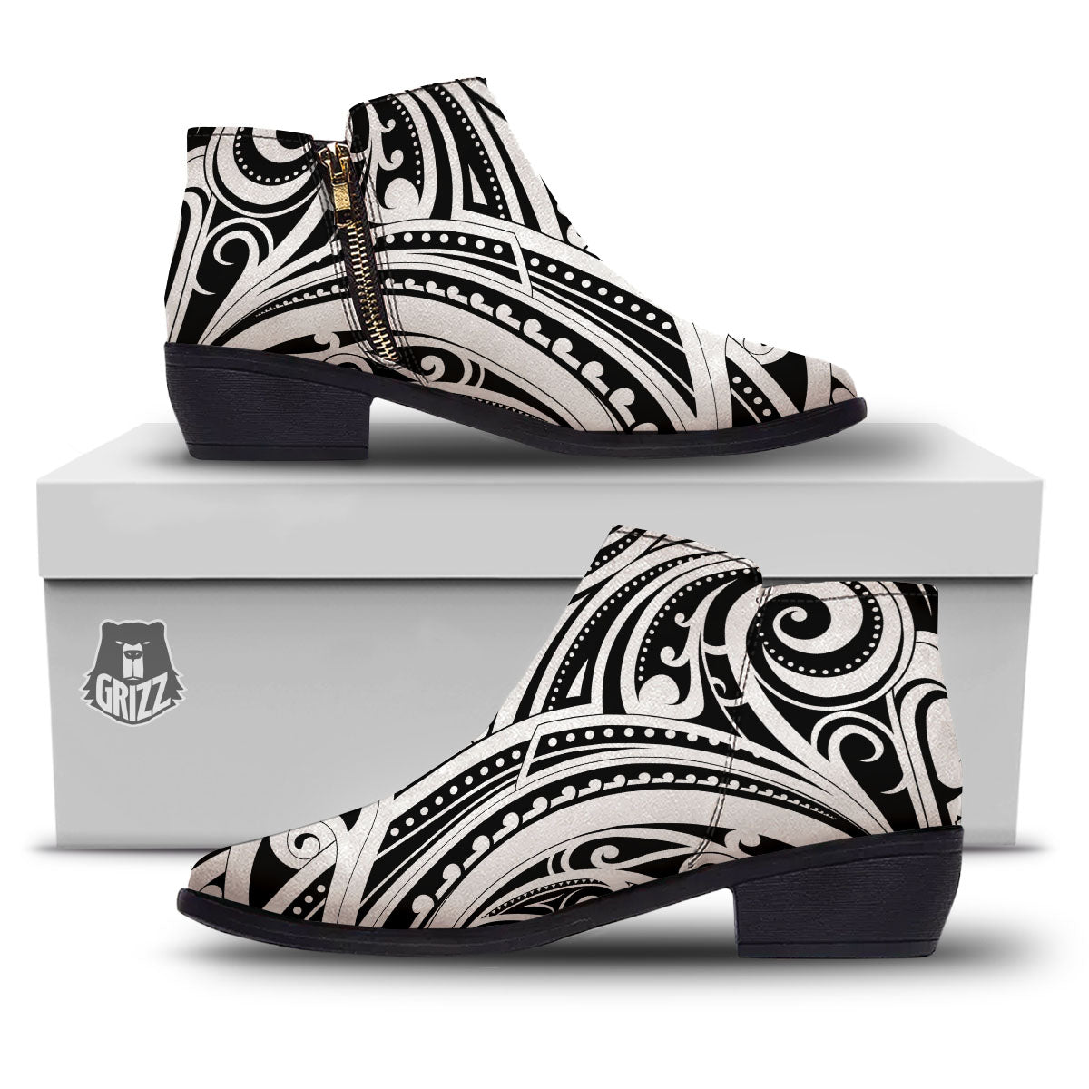 Maori Tattoo White And Black Print Ankle Boots-grizzshop