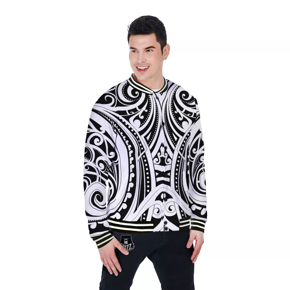 Maori Tattoo White And Black Print Baseball Jacket-grizzshop