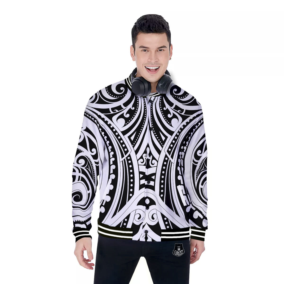 Maori Tattoo White And Black Print Baseball Jacket-grizzshop