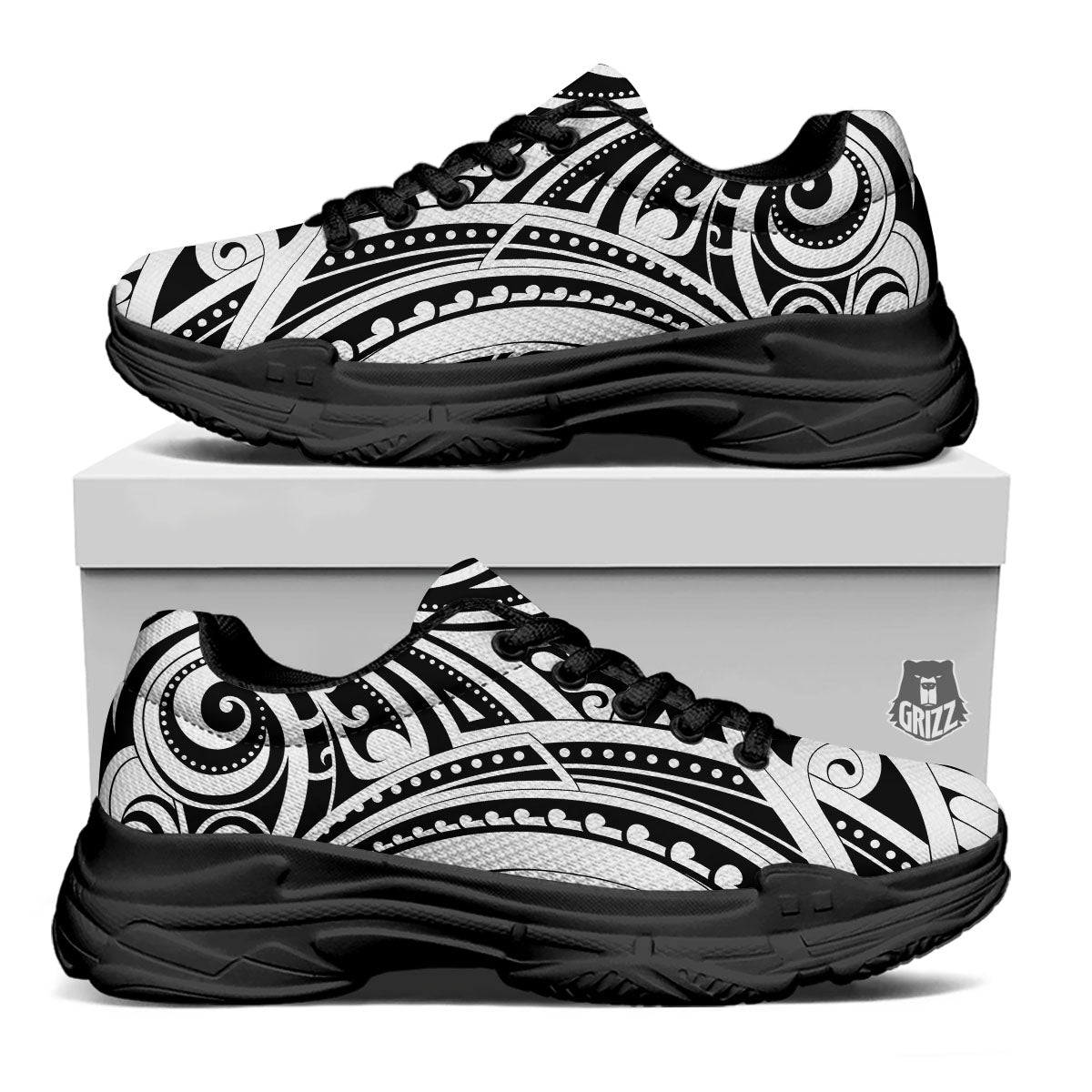 Maori Tattoo White And Black Print Black Chunky Shoes-grizzshop
