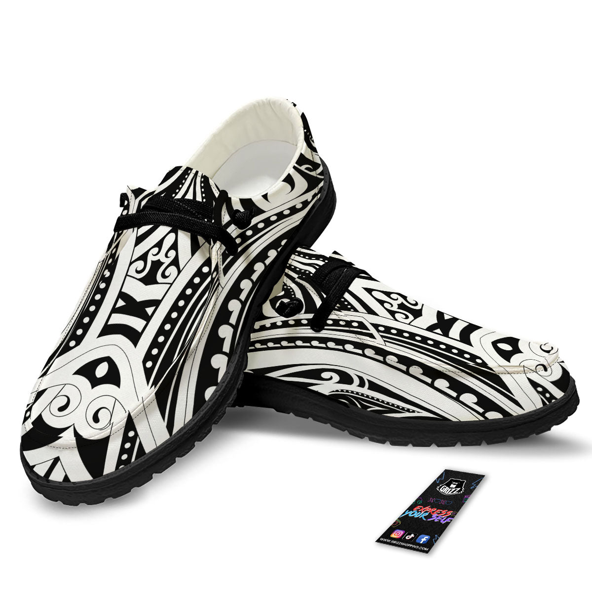 Maori Tattoo White And Black Print Black Loafers-grizzshop