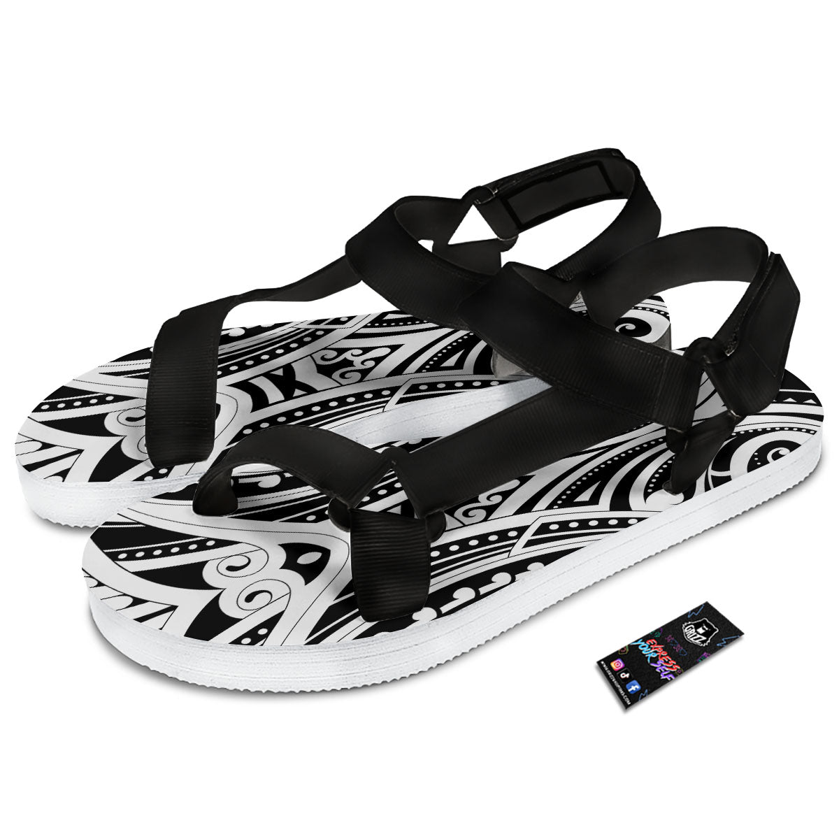 Maori Tattoo White And Black Print Black Open Toe Sandals-grizzshop