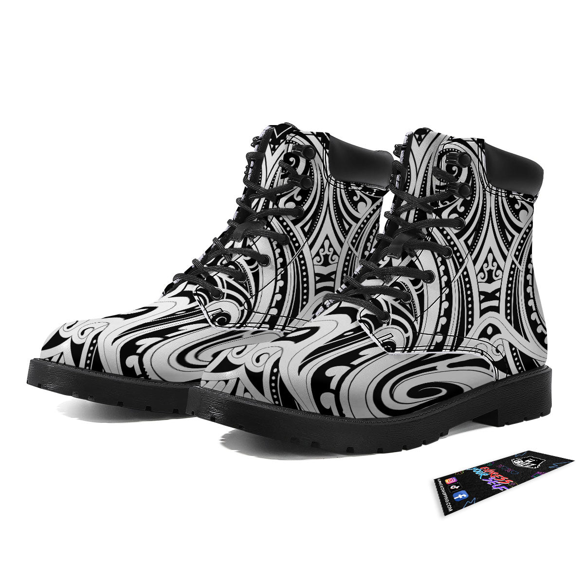 Maori Tattoo White And Black Print Boots-grizzshop