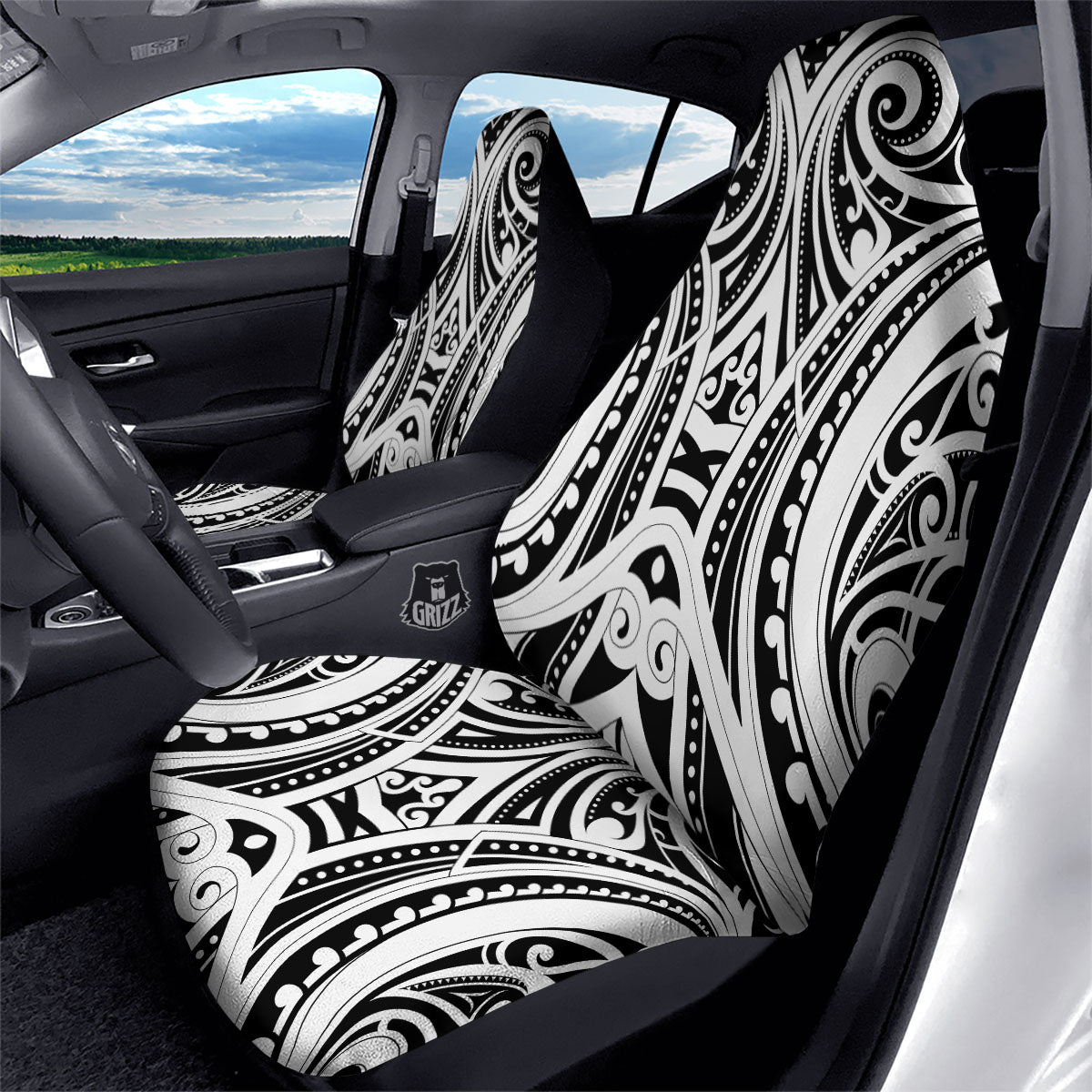 Maori Tattoo White And Black Print Car Seat Covers-grizzshop