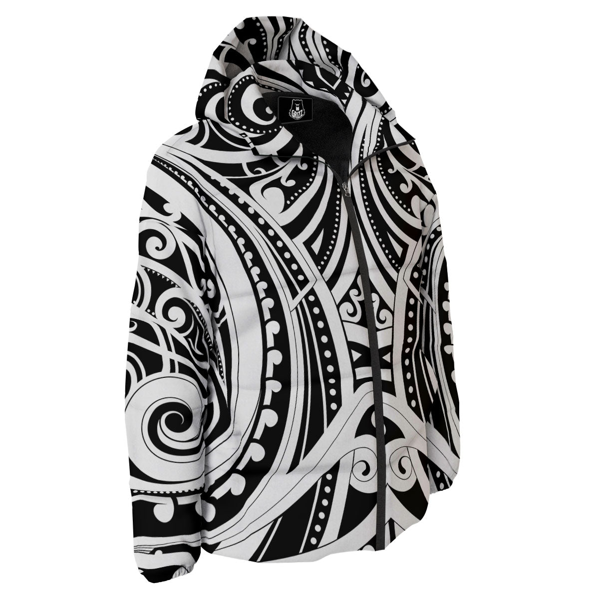 Maori Tattoo White And Black Print Down Jacket-grizzshop