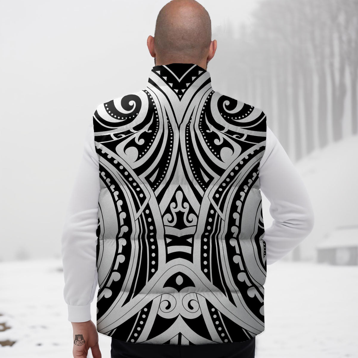 Maori Tattoo White And Black Print Down Vest