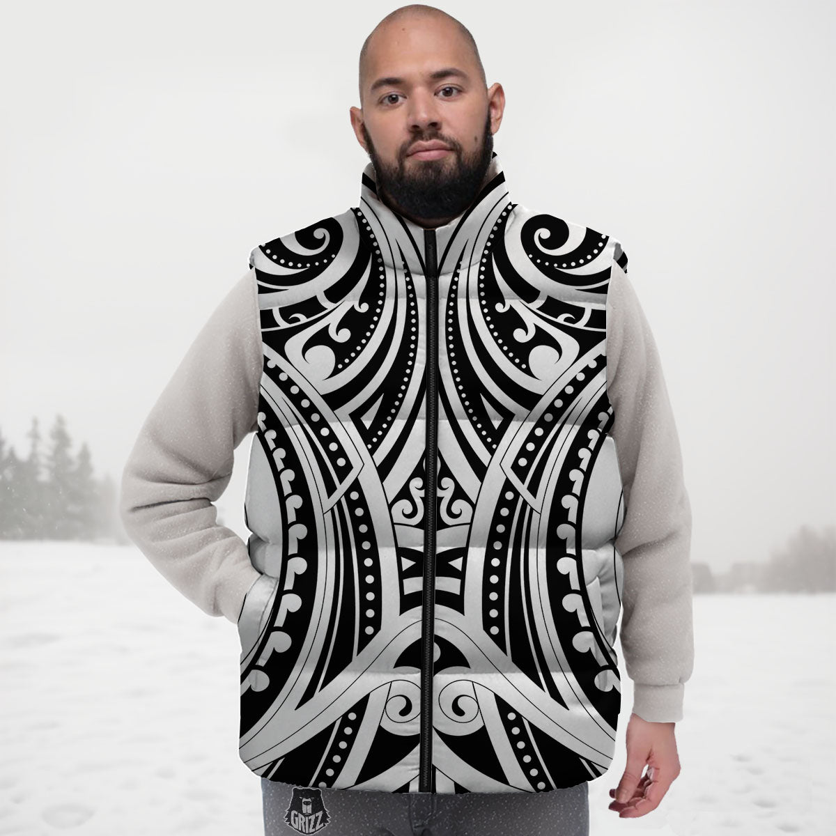 Maori Tattoo White And Black Print Down Vest