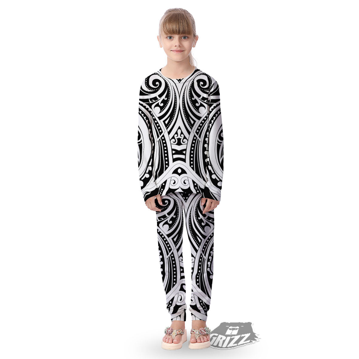 Maori Tattoo White And Black Print Kid's Pajamas-grizzshop
