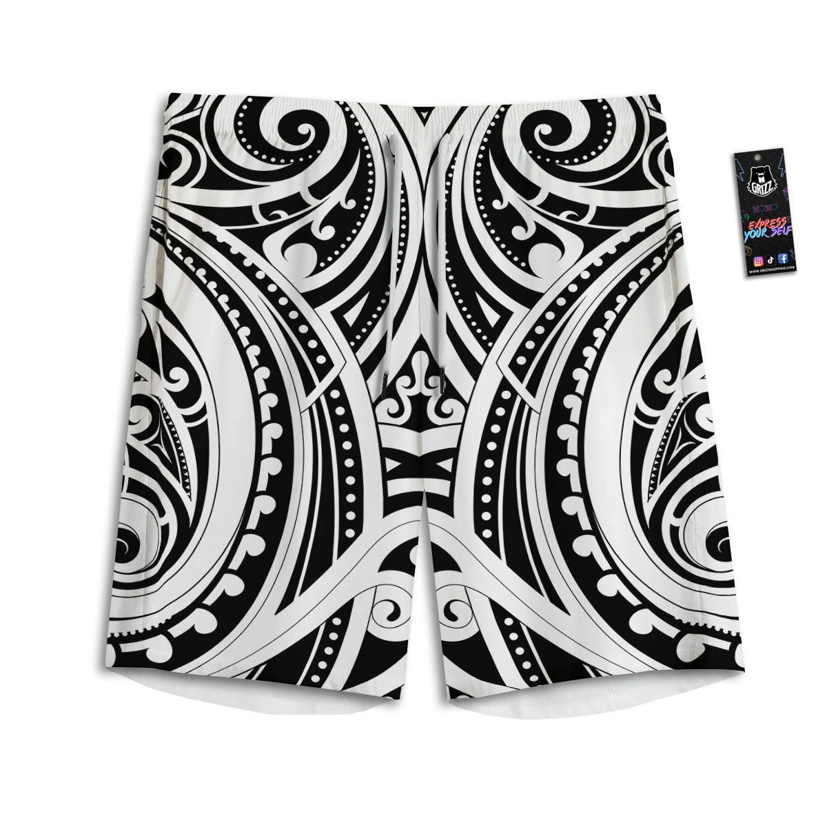 Maori Tattoo White And Black Print Men's Athletic Shorts