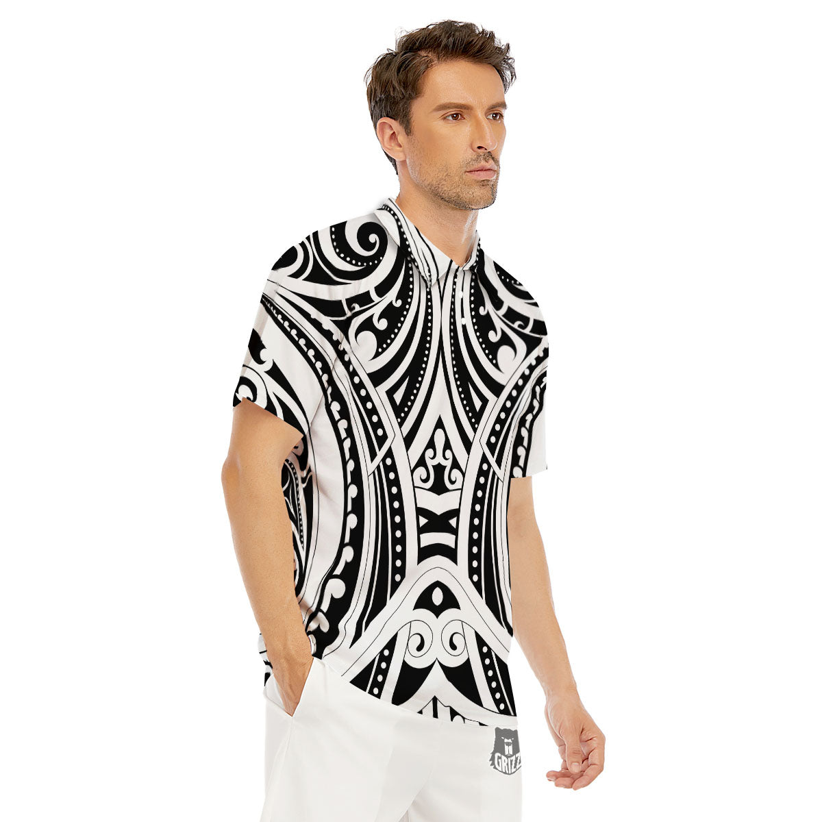 Maori Tattoo White And Black Print Men's Golf Shirts-grizzshop