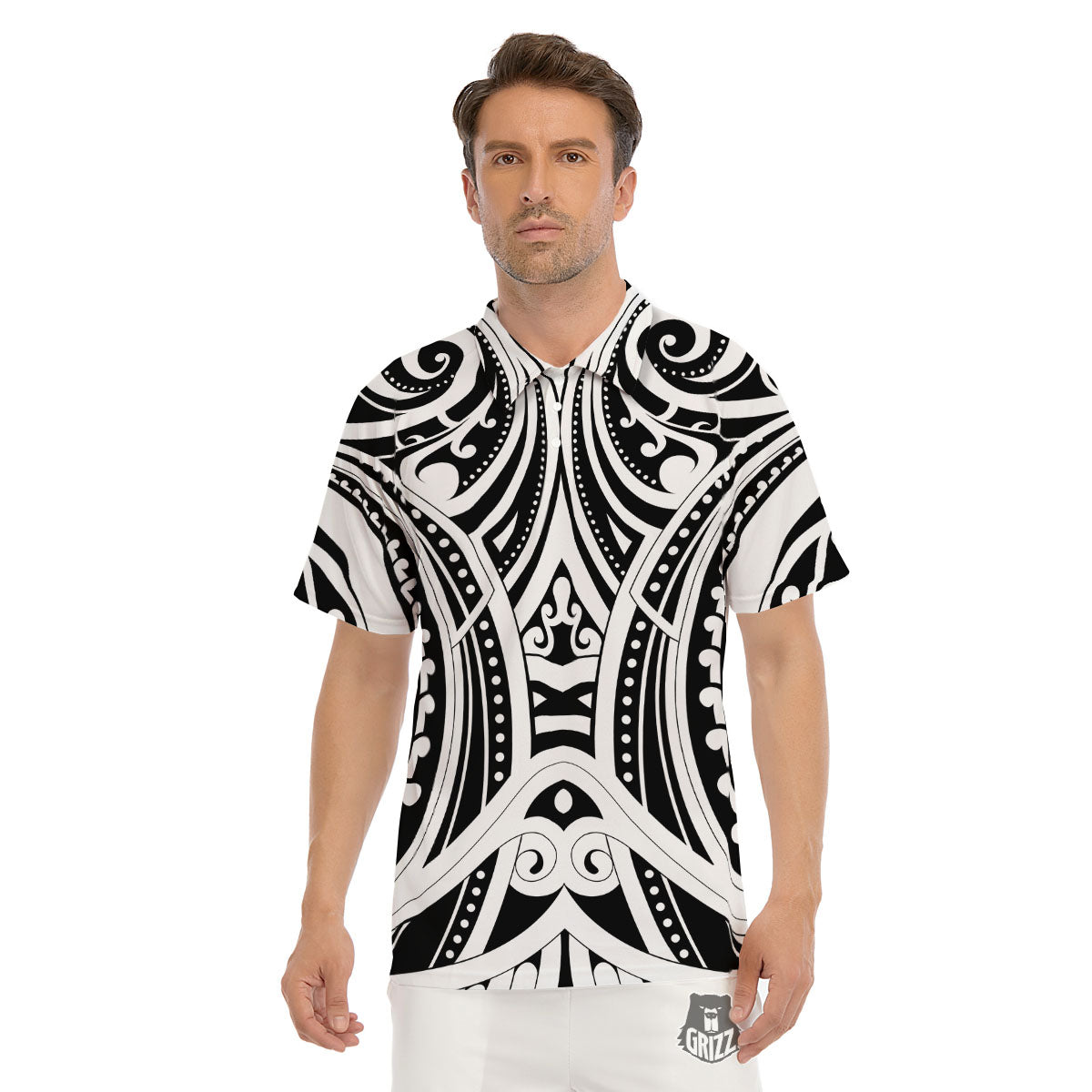 Maori Tattoo White And Black Print Men's Golf Shirts-grizzshop