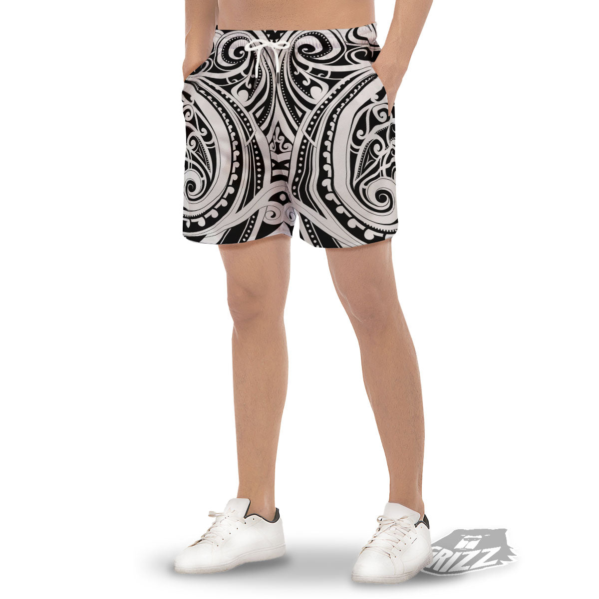 Maori Tattoo White And Black Print Men's Gym Shorts-grizzshop