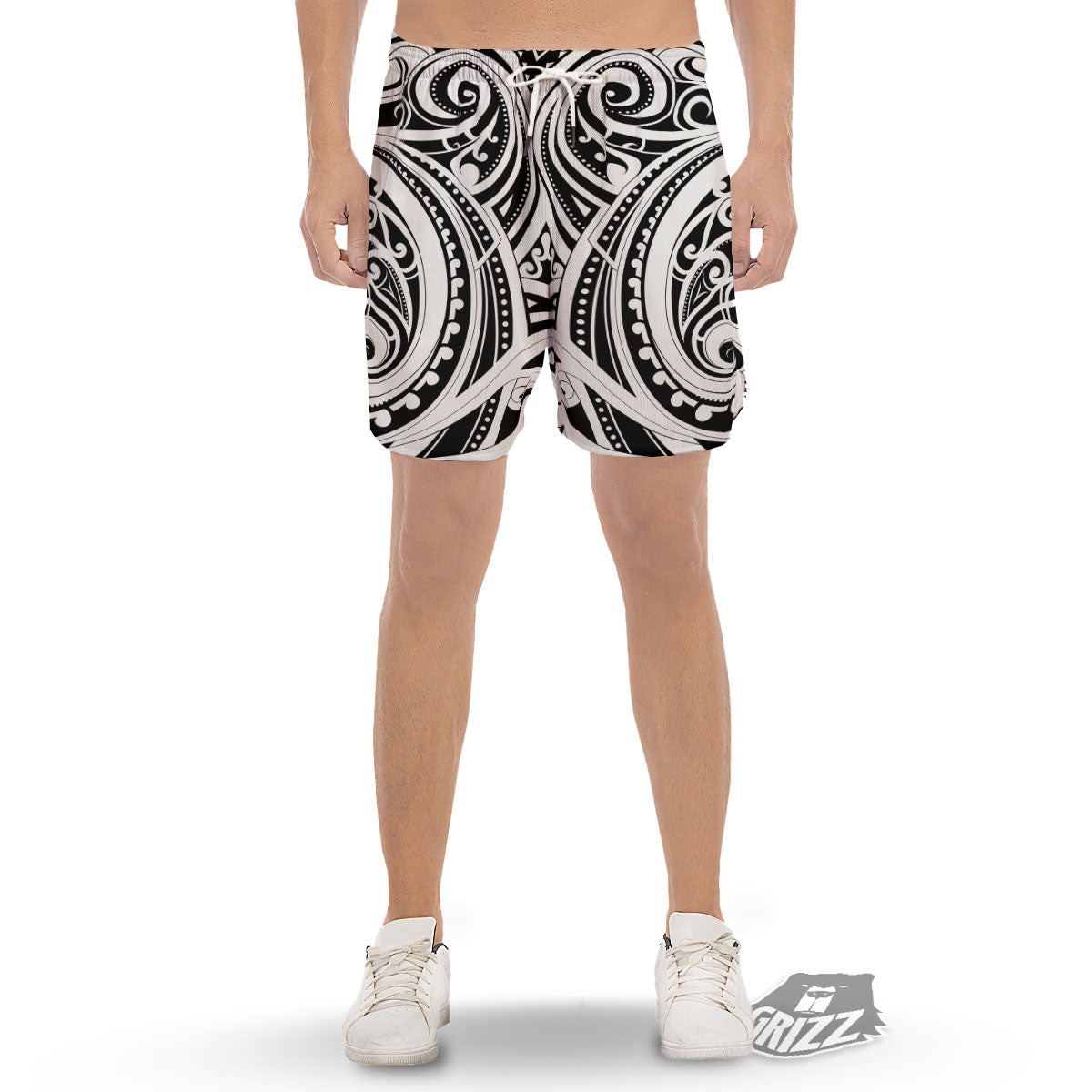 Maori Tattoo White And Black Print Men's Gym Shorts-grizzshop