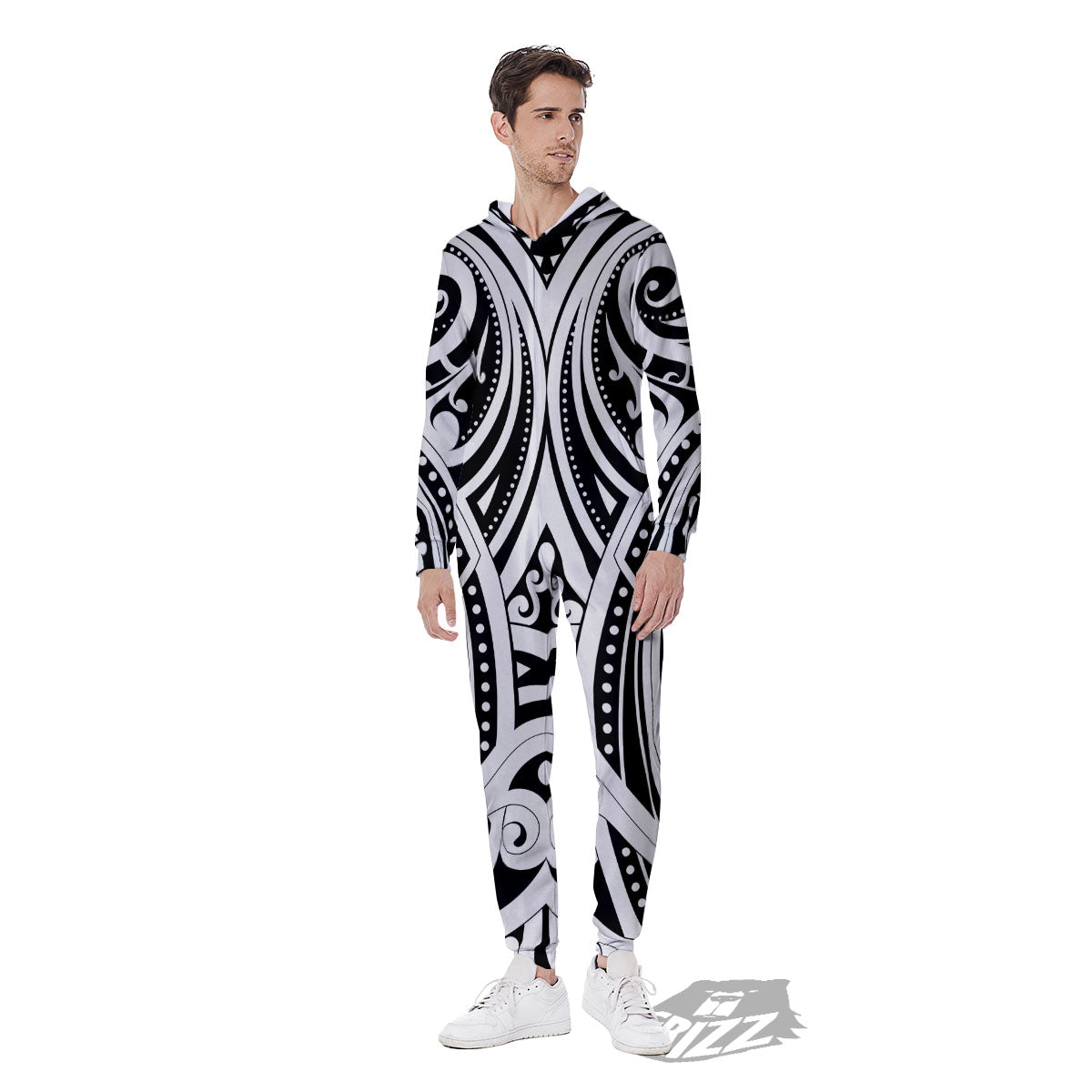Maori Tattoo White And Black Print Men's Jumpsuit-grizzshop