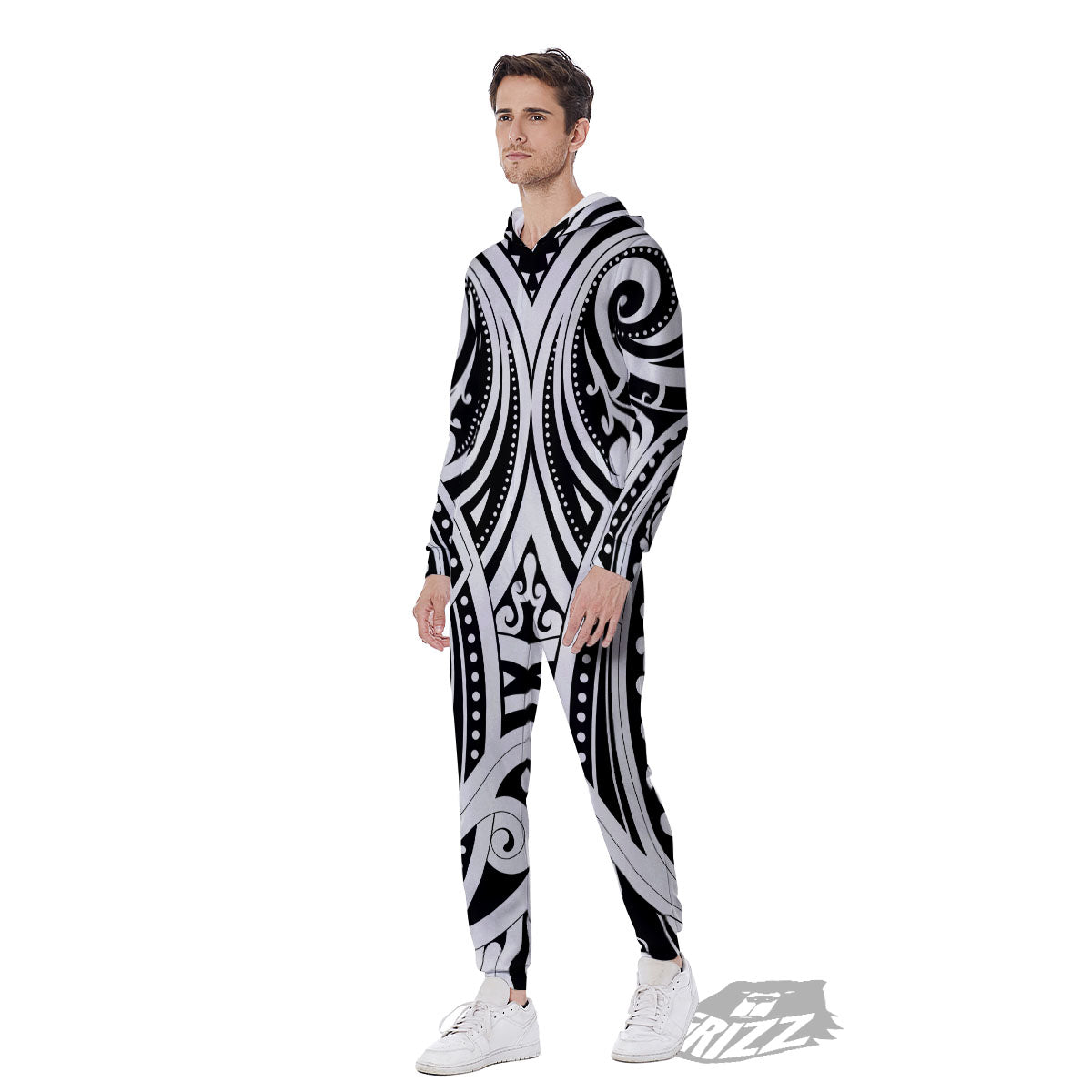 Maori Tattoo White And Black Print Men's Jumpsuit-grizzshop