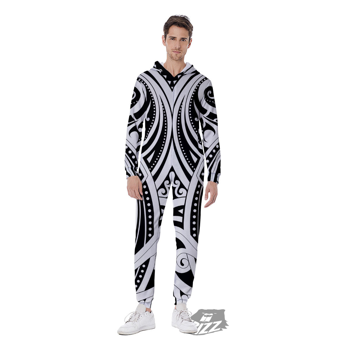 Maori Tattoo White And Black Print Men's Jumpsuit-grizzshop