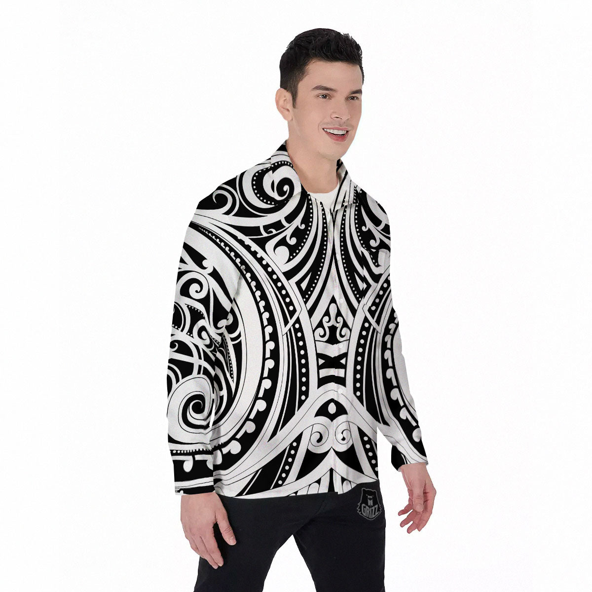 Maori Tattoo White And Black Print Men's Long Sleeve Shirts-grizzshop