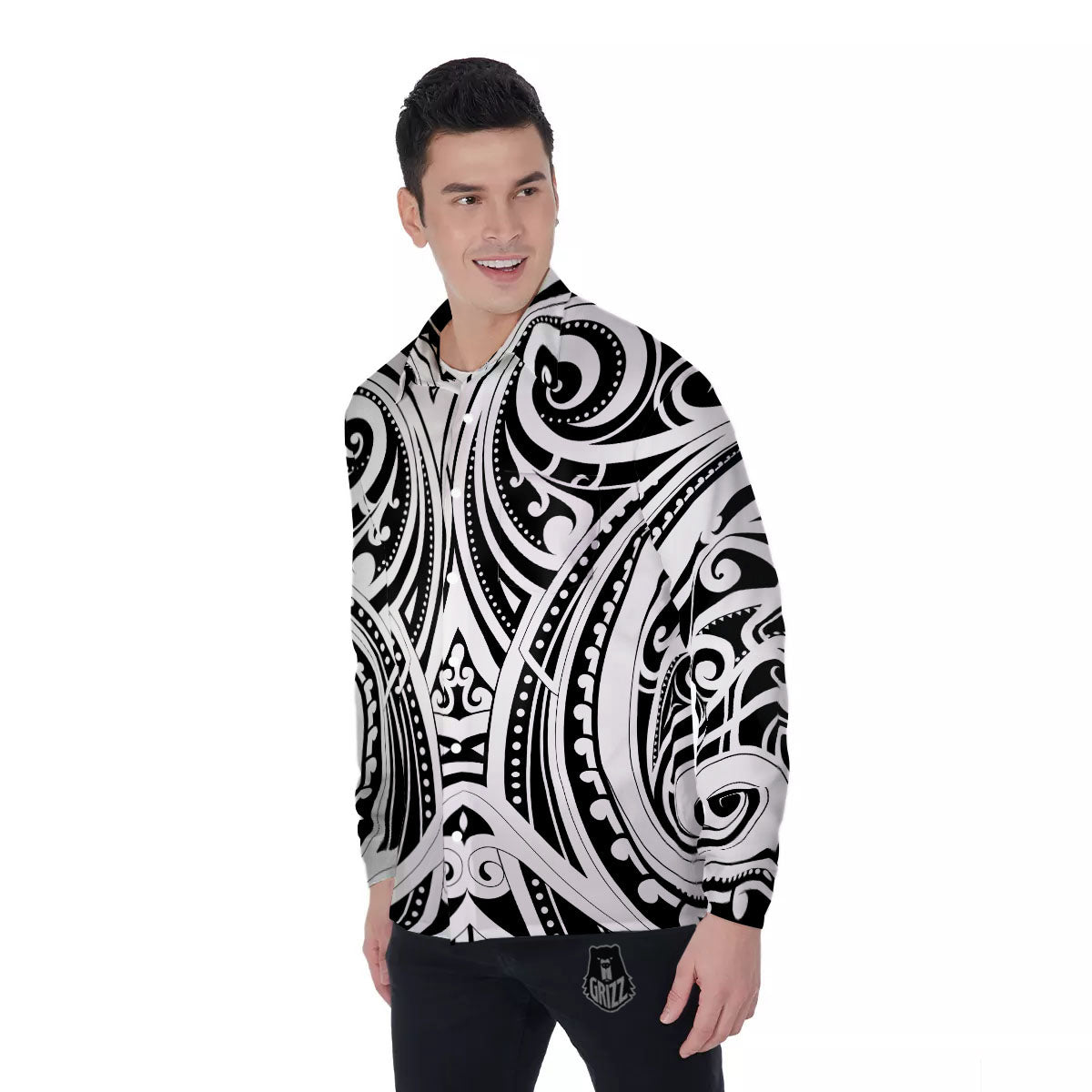 Maori Tattoo White And Black Print Men's Long Sleeve Shirts-grizzshop