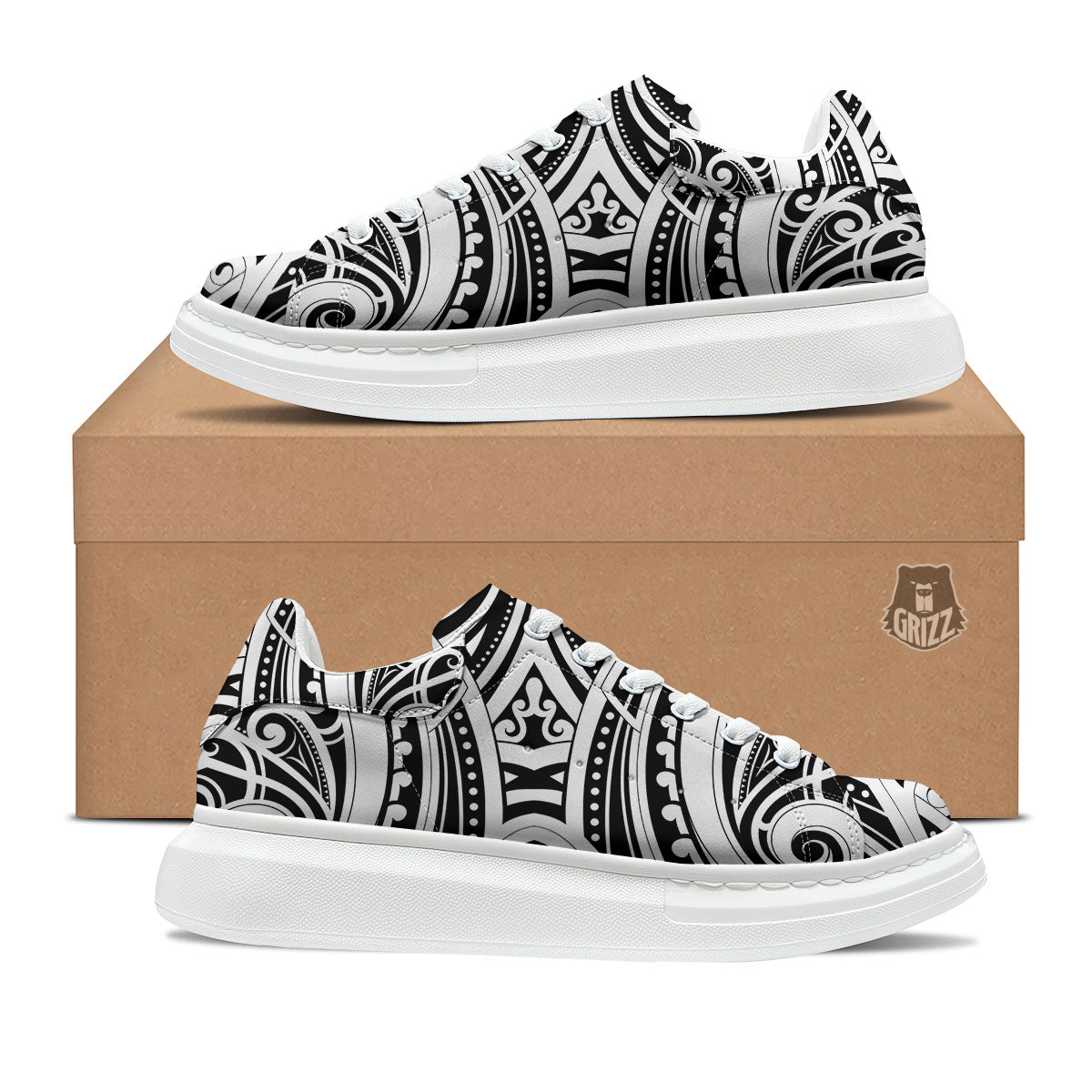 Maori Tattoo White And Black Print Platform Shoes-grizzshop