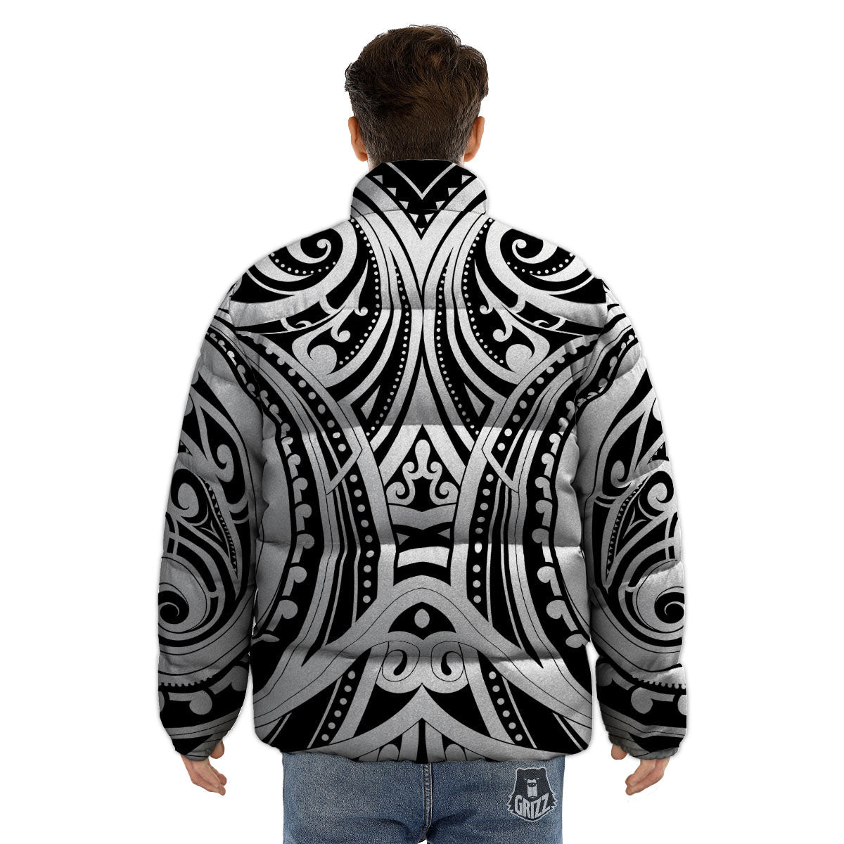 Maori Tattoo White And Black Print Puffer Jacket-grizzshop