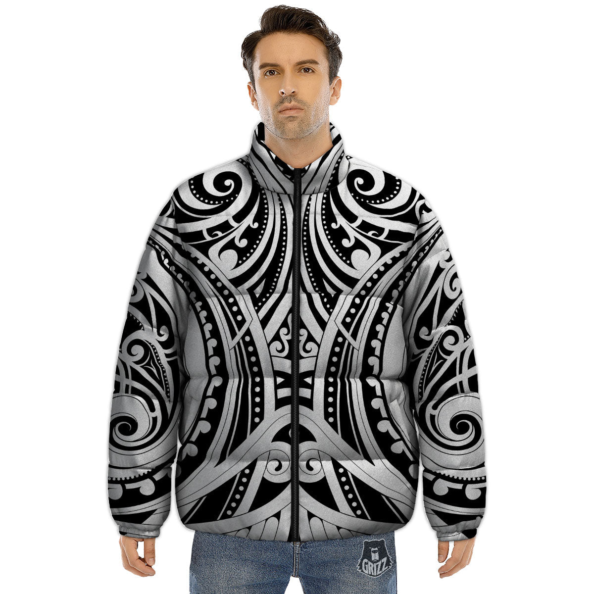 Maori Tattoo White And Black Print Puffer Jacket-grizzshop