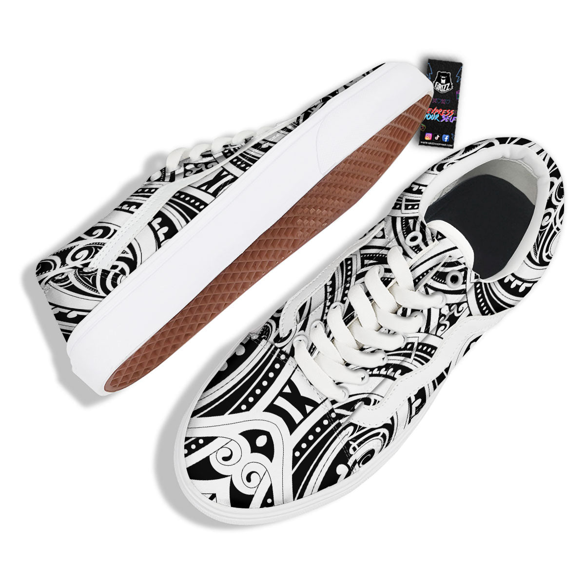 Maori Tattoo White And Black Print Skate Shoes-grizzshop