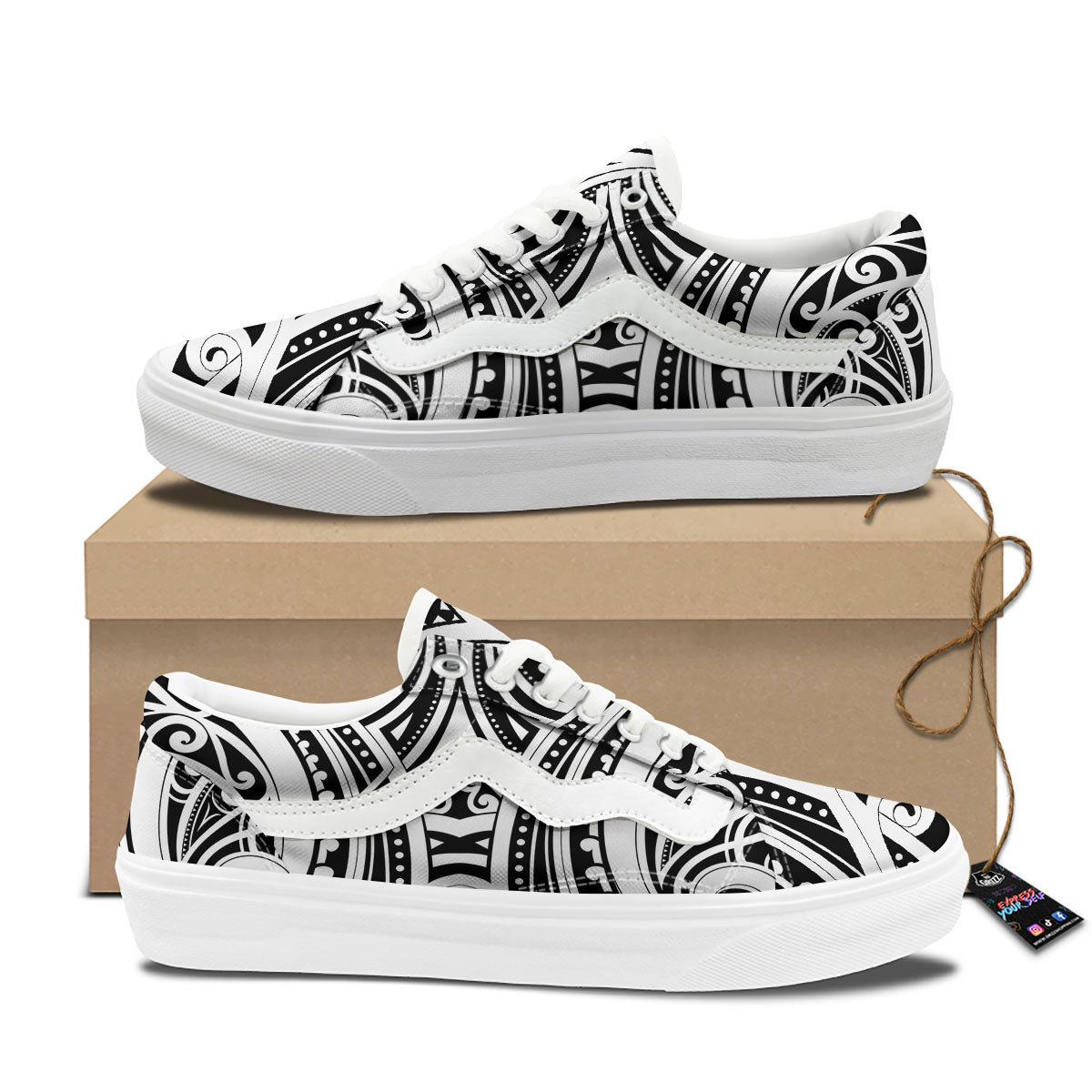 Maori Tattoo White And Black Print Skate Shoes-grizzshop
