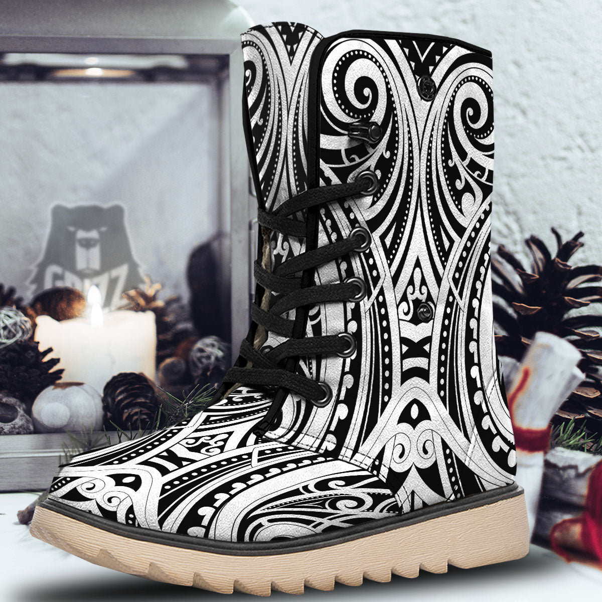 Maori Tattoo White And Black Print Snow Boots-grizzshop