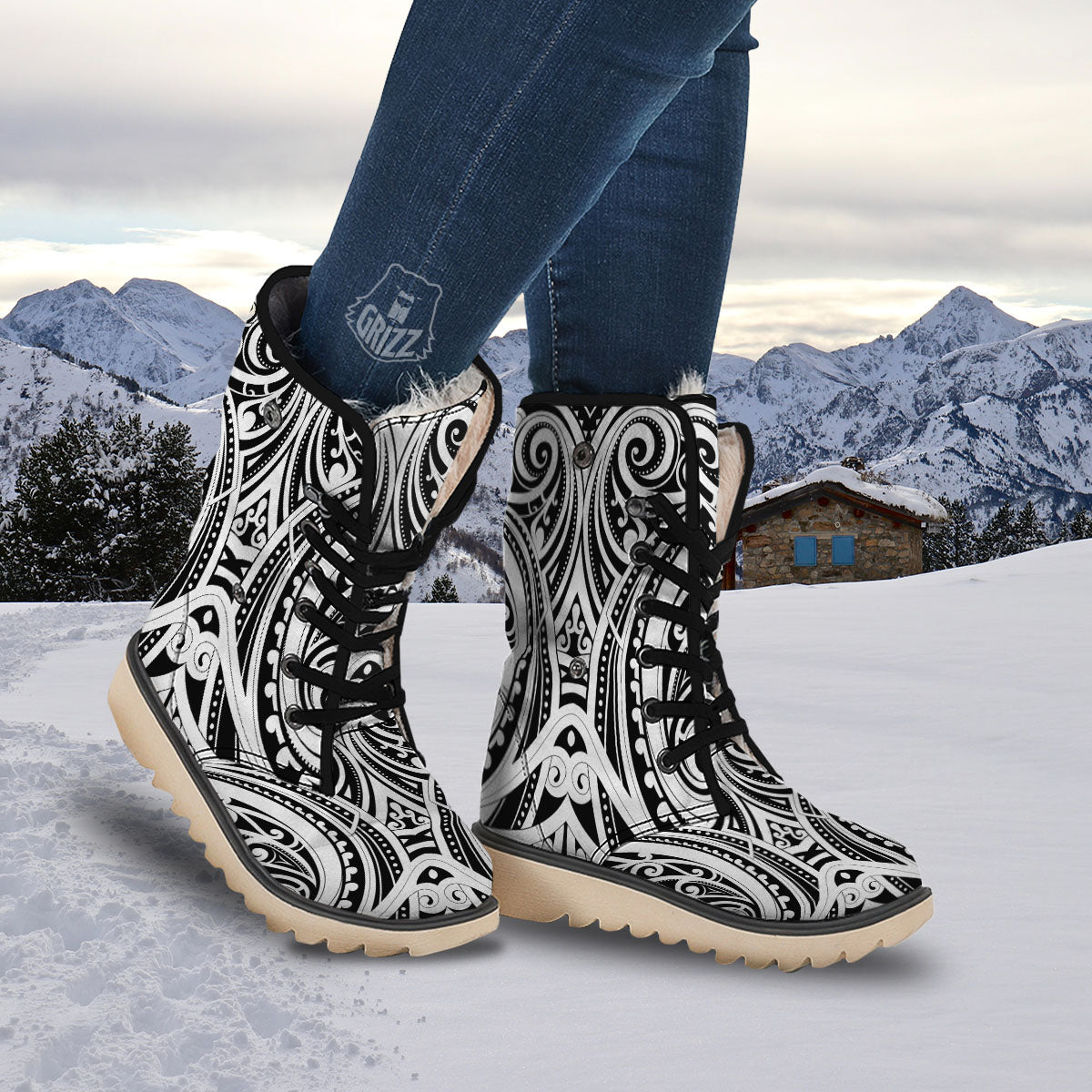 Maori Tattoo White And Black Print Snow Boots-grizzshop