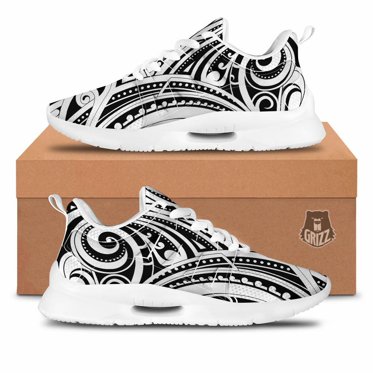 Maori Tattoo White And Black Print Tennis Shoes-grizzshop
