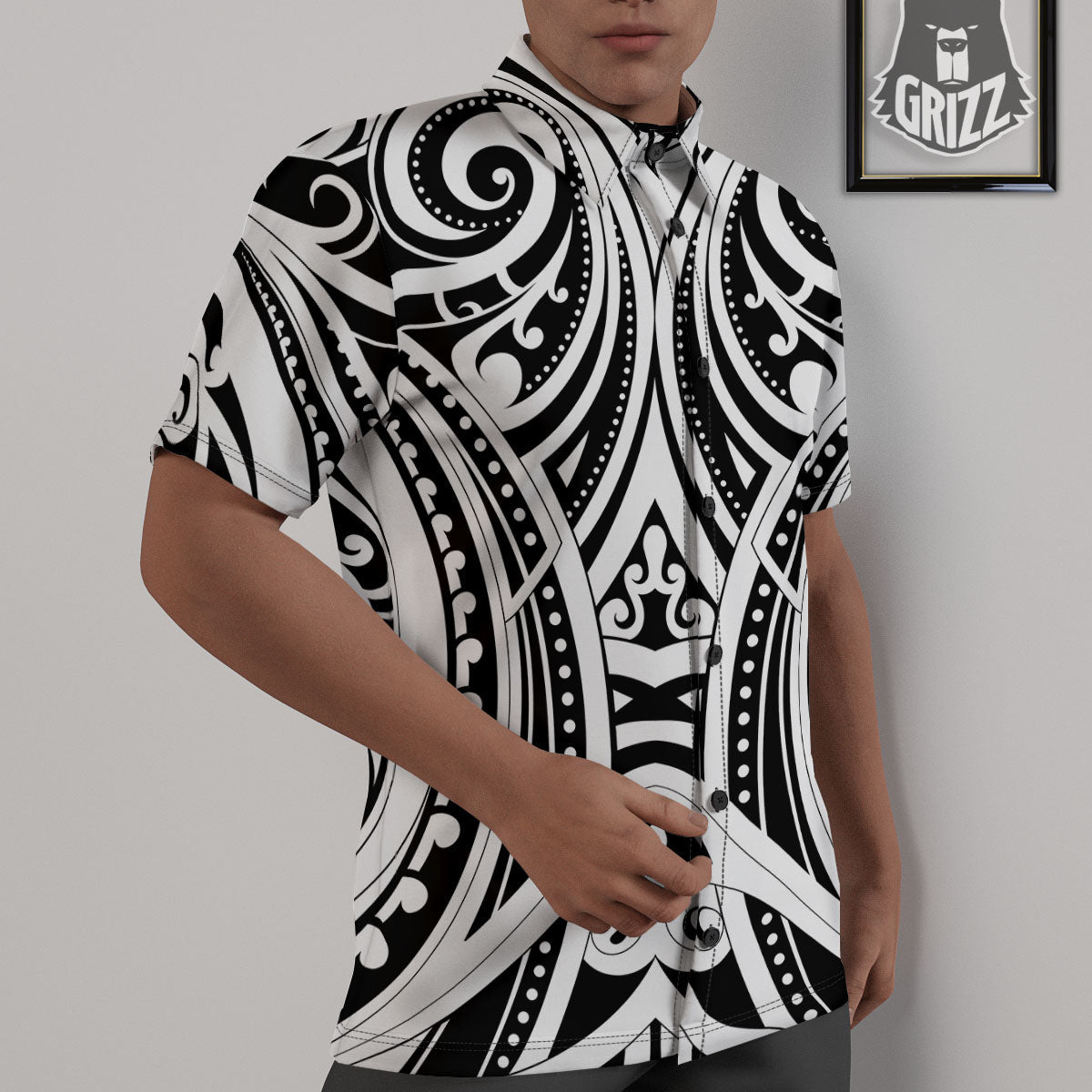 Maori Tattoo White And Black Print Untucked Shirts-grizzshop