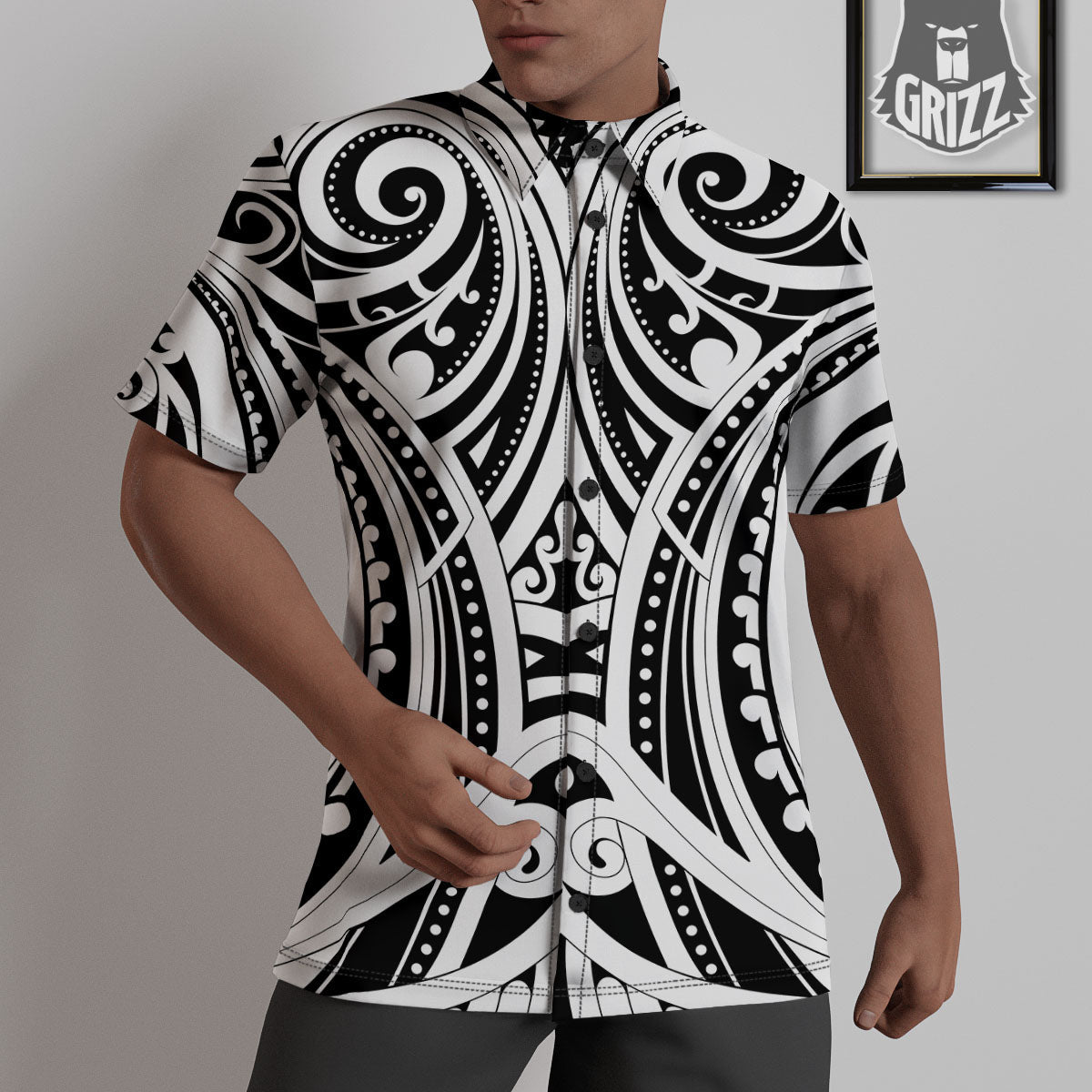 Maori Tattoo White And Black Print Untucked Shirts-grizzshop