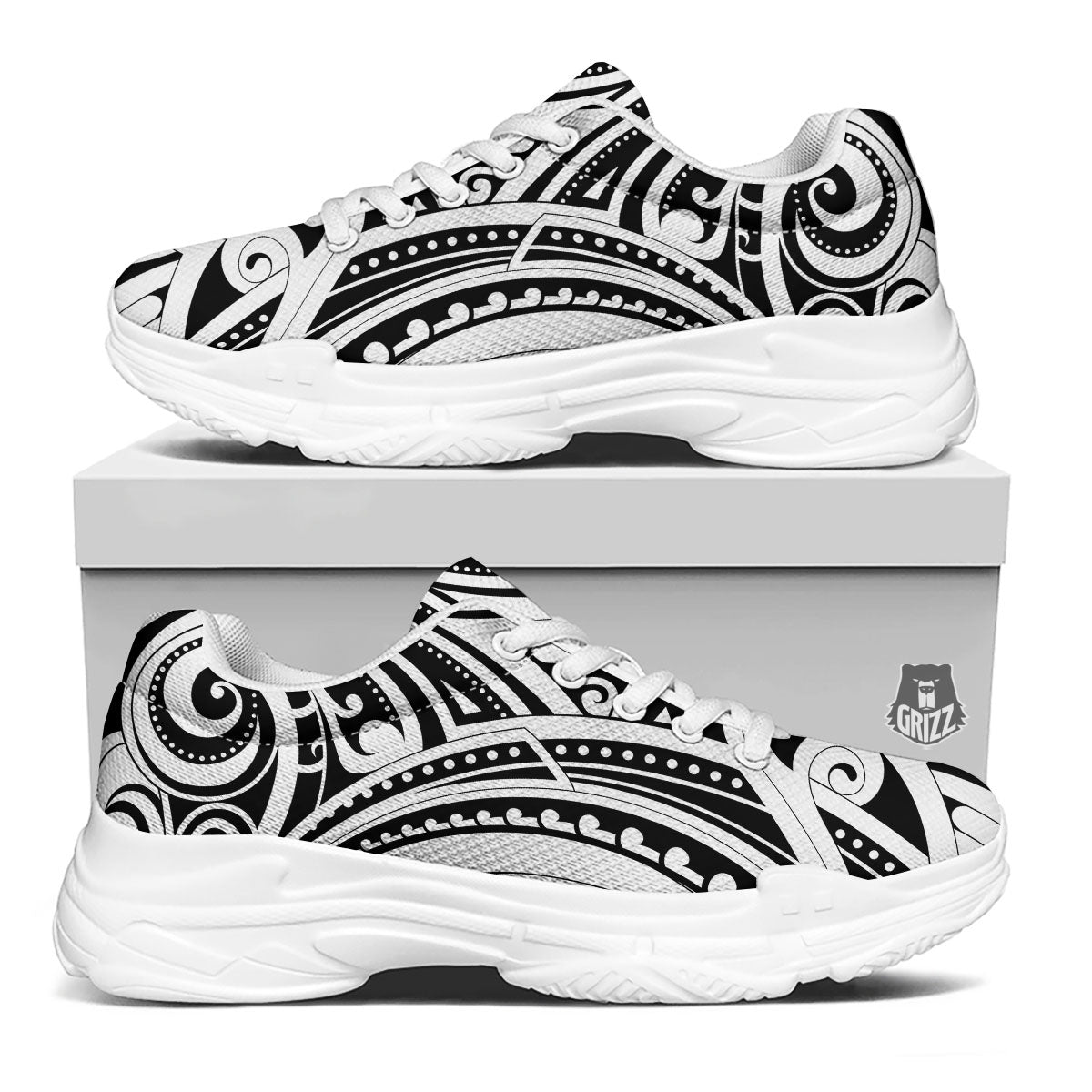 Maori Tattoo White And Black Print White Chunky Shoes-grizzshop