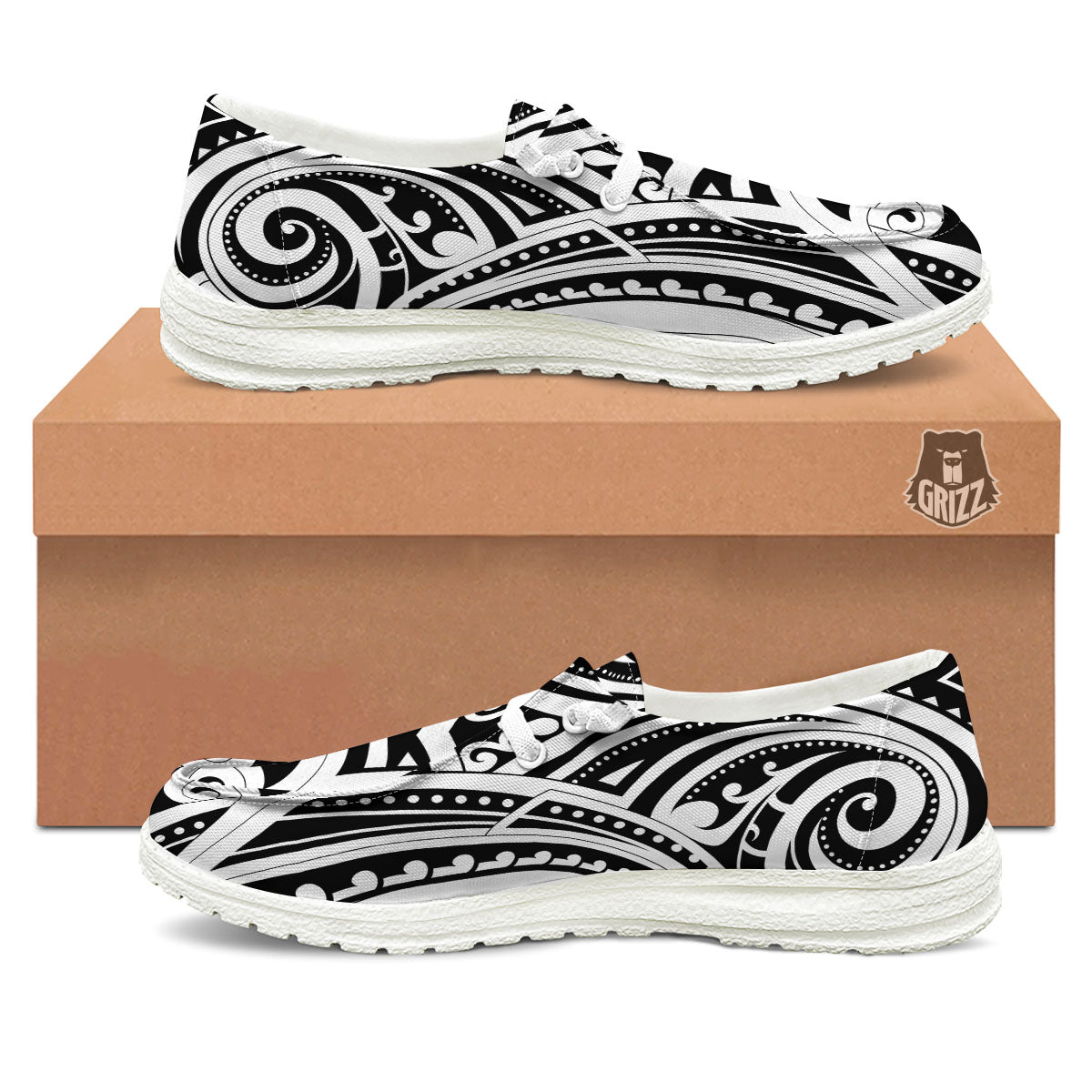 Maori Tattoo White And Black Print White Loafers-grizzshop