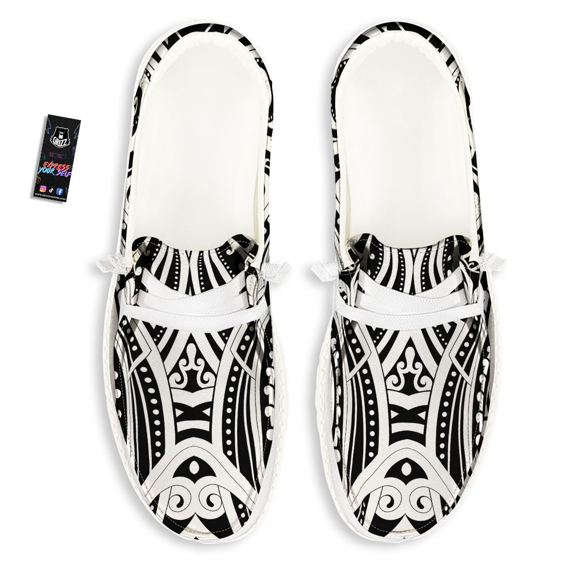 Maori Tattoo White And Black Print White Loafers-grizzshop
