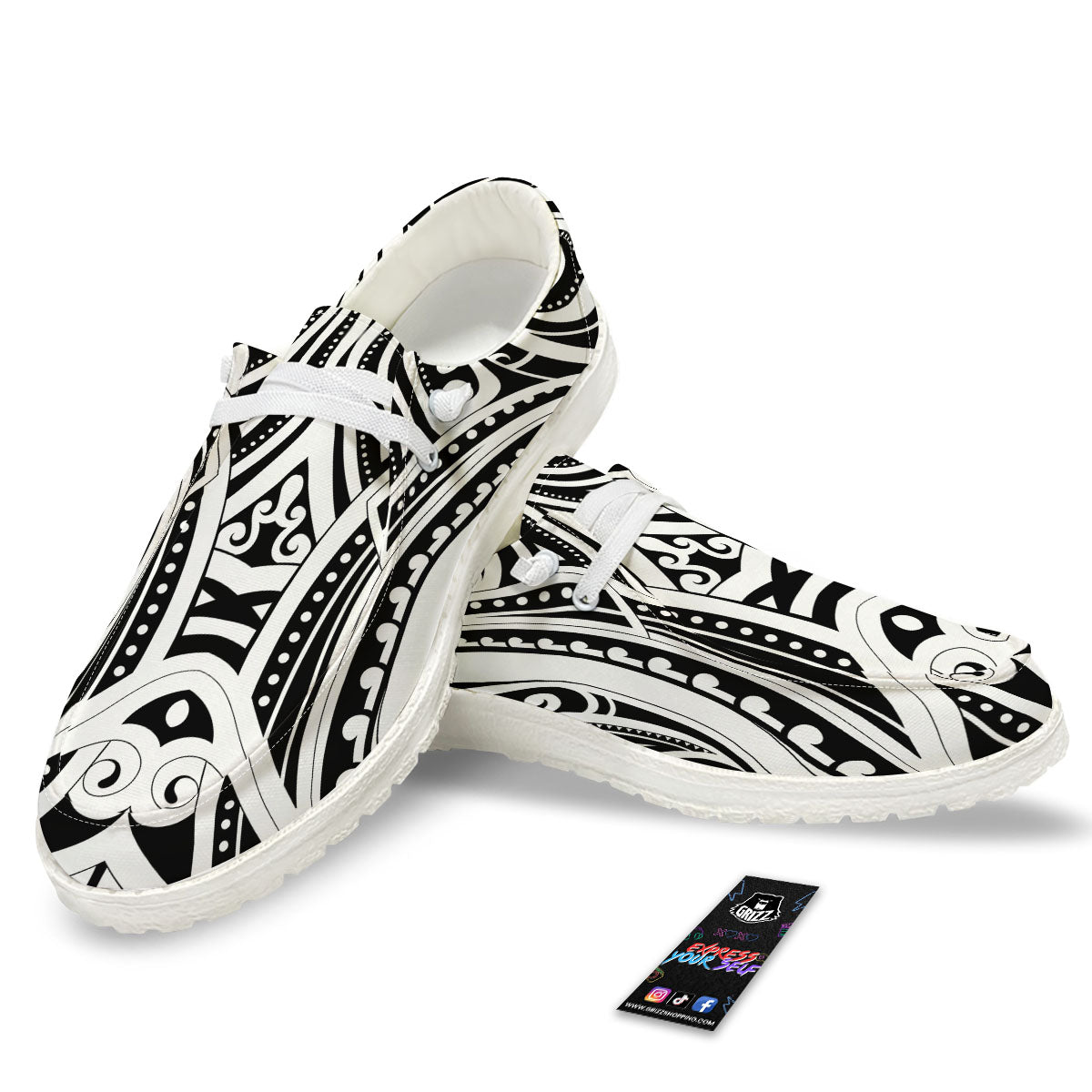 Maori Tattoo White And Black Print White Loafers-grizzshop