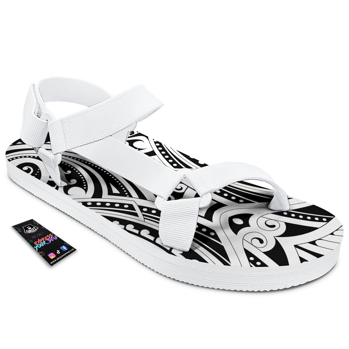 Maori Tattoo White And Black Print White Open Toe Sandals-grizzshop