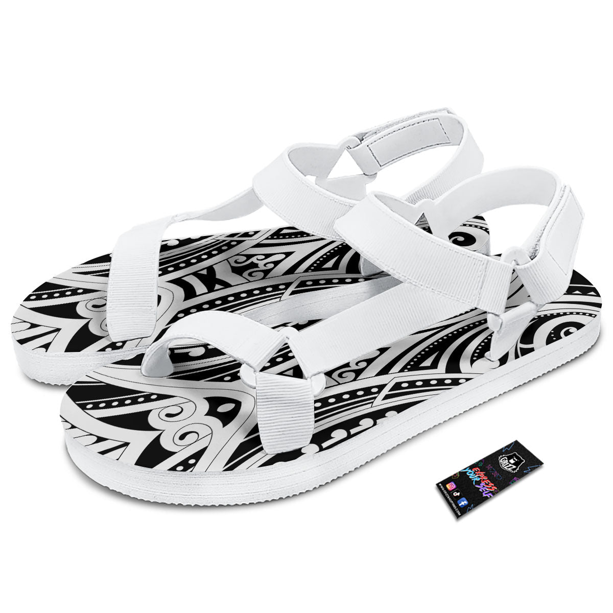 Maori Tattoo White And Black Print White Open Toe Sandals-grizzshop
