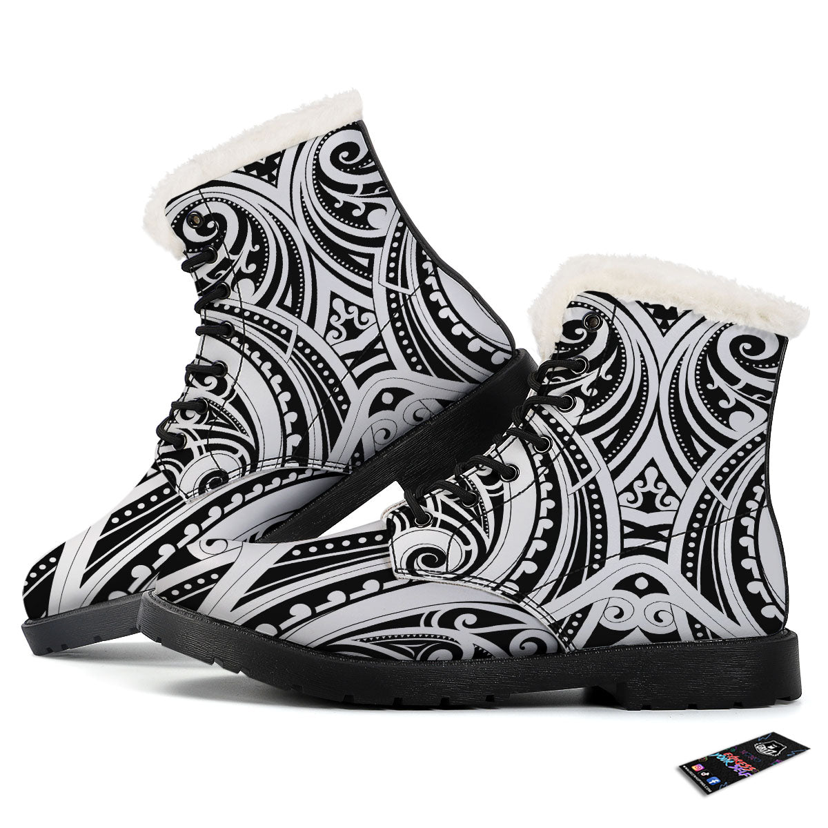 Maori Tattoo White And Black Print Winter Boots-grizzshop