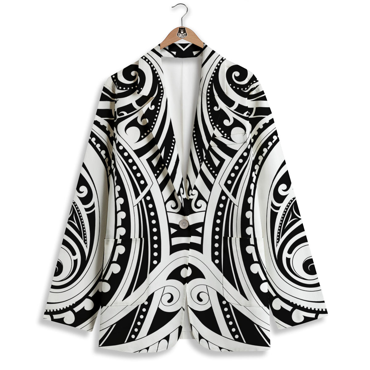 Maori Tattoo White And Black Print Women's Blazer-grizzshop