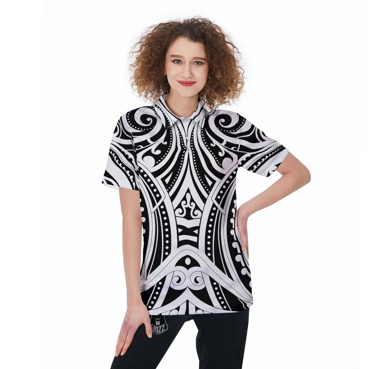 Maori Tattoo White And Black Print Women's Golf Shirts-grizzshop