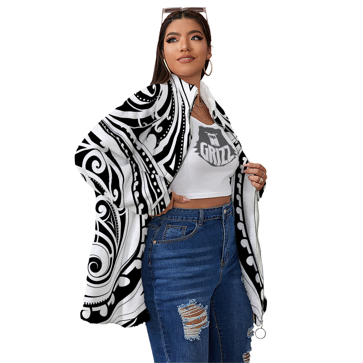 Maori Tattoo White And Black Print Women's Sherpa Jacket-grizzshop
